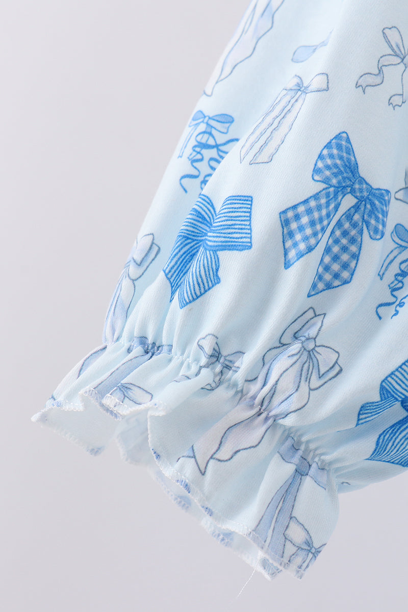 Blue bow smocked ruffle pants set
