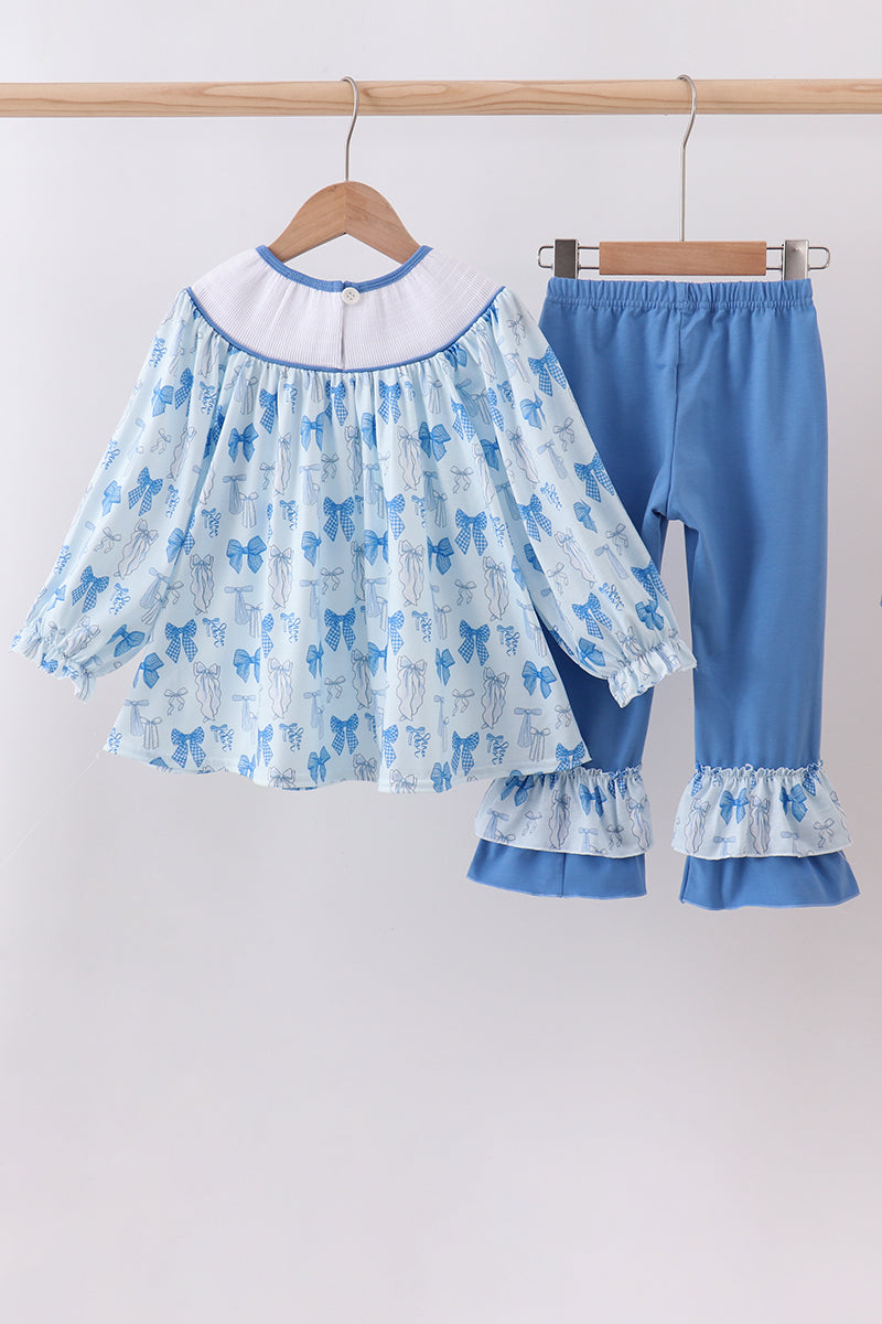Blue bow smocked ruffle pants set
