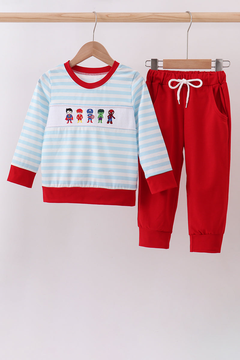 Blue character embroidery stripe pants set
