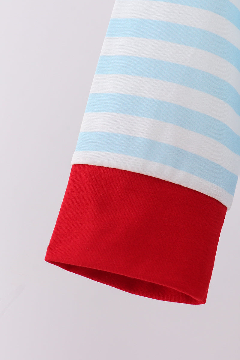 Blue character embroidery stripe pants set