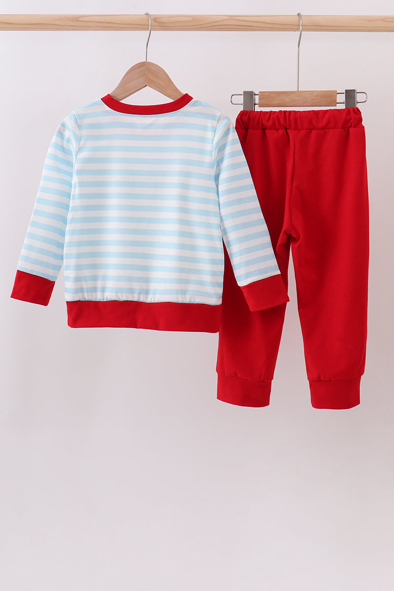Blue character embroidery stripe pants set