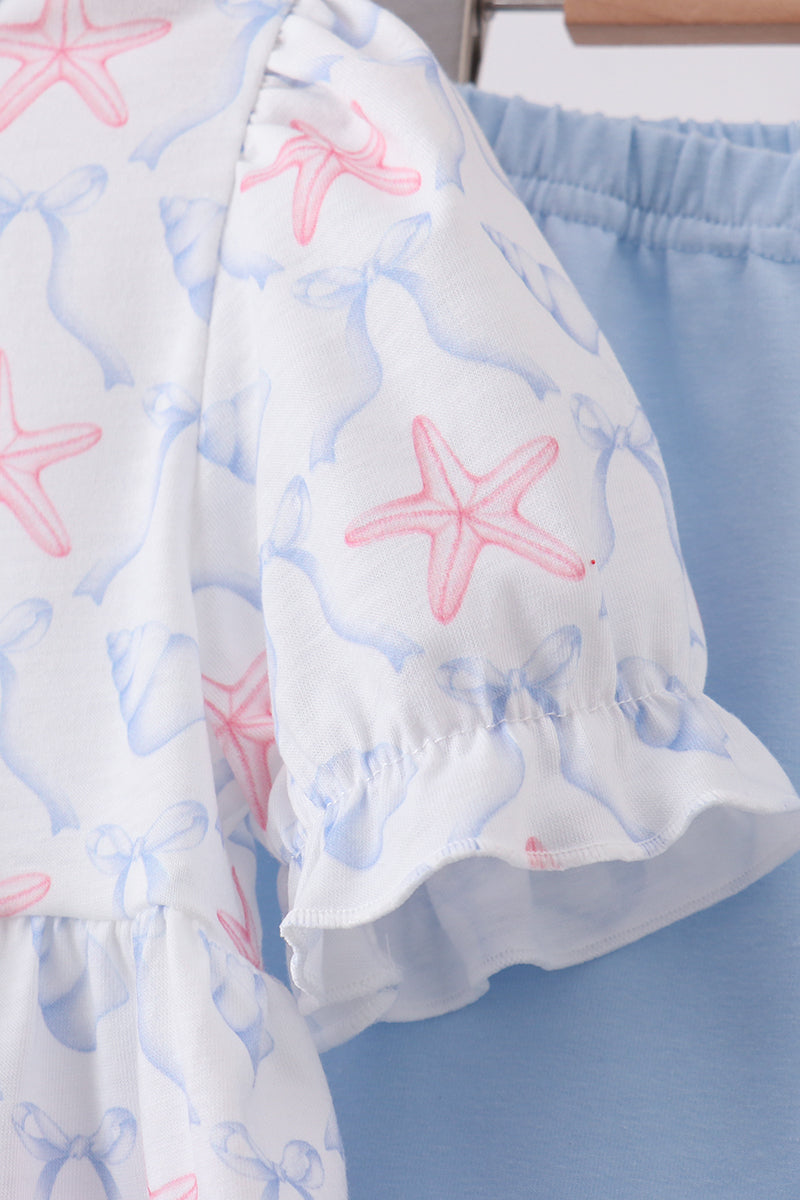 Blue starfish shell ruffle shorts set