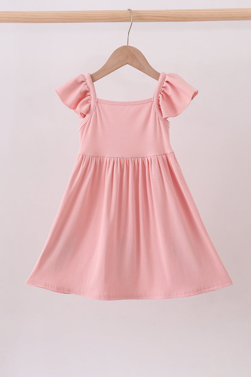 Pink character embroidery flutter sleeve dress