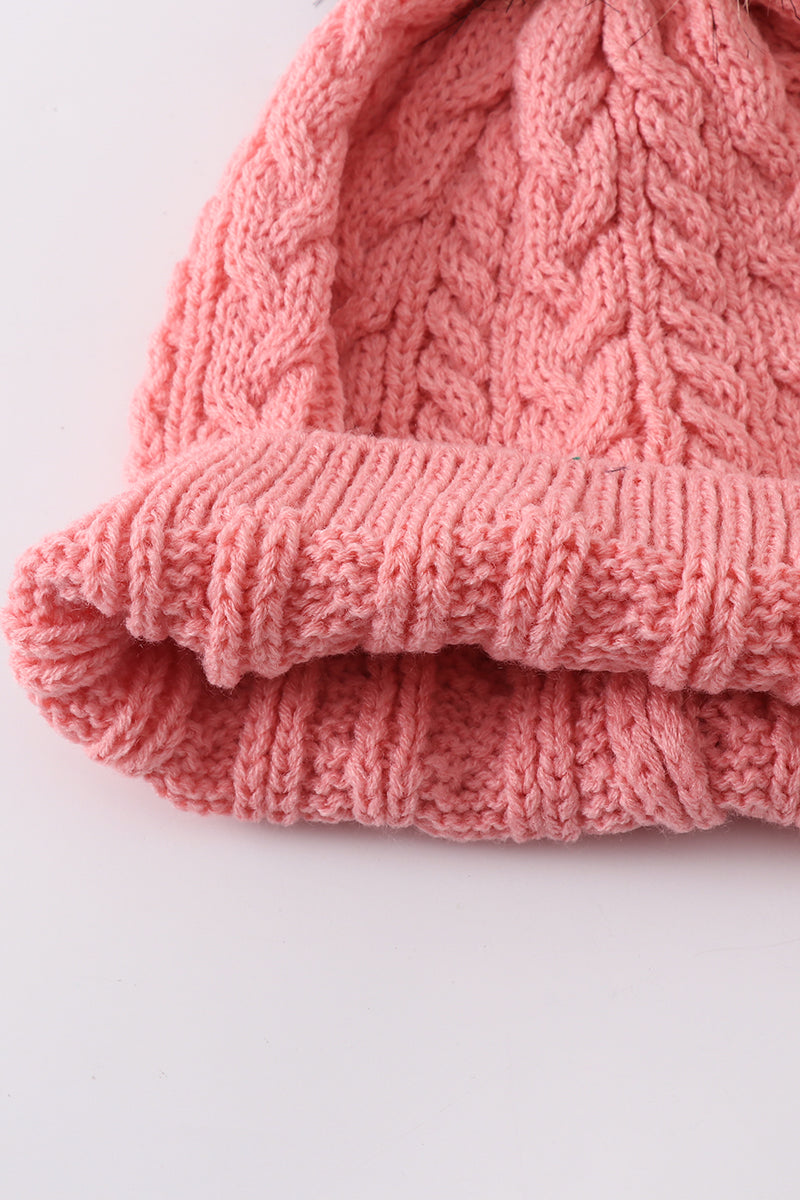 Bubblegum pink cable knit pom pom beanie hat baby toddler adult