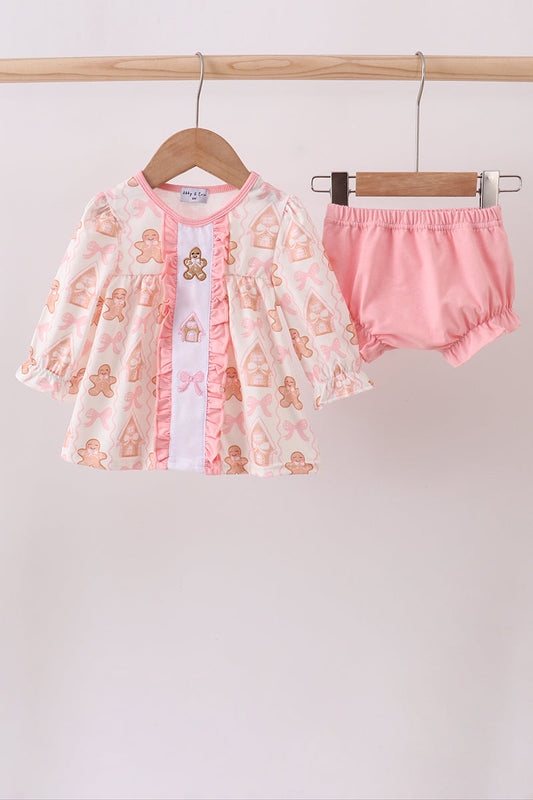 Pink gingerbread embroidery ruffle bloomer set