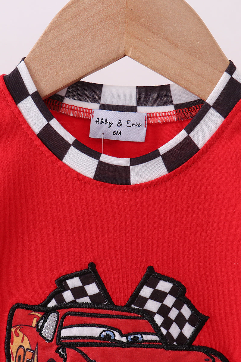 Red character applique checkered romper