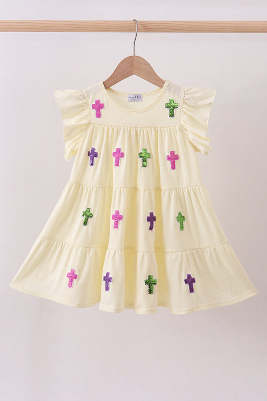 Yellow cross sequin tiered dress