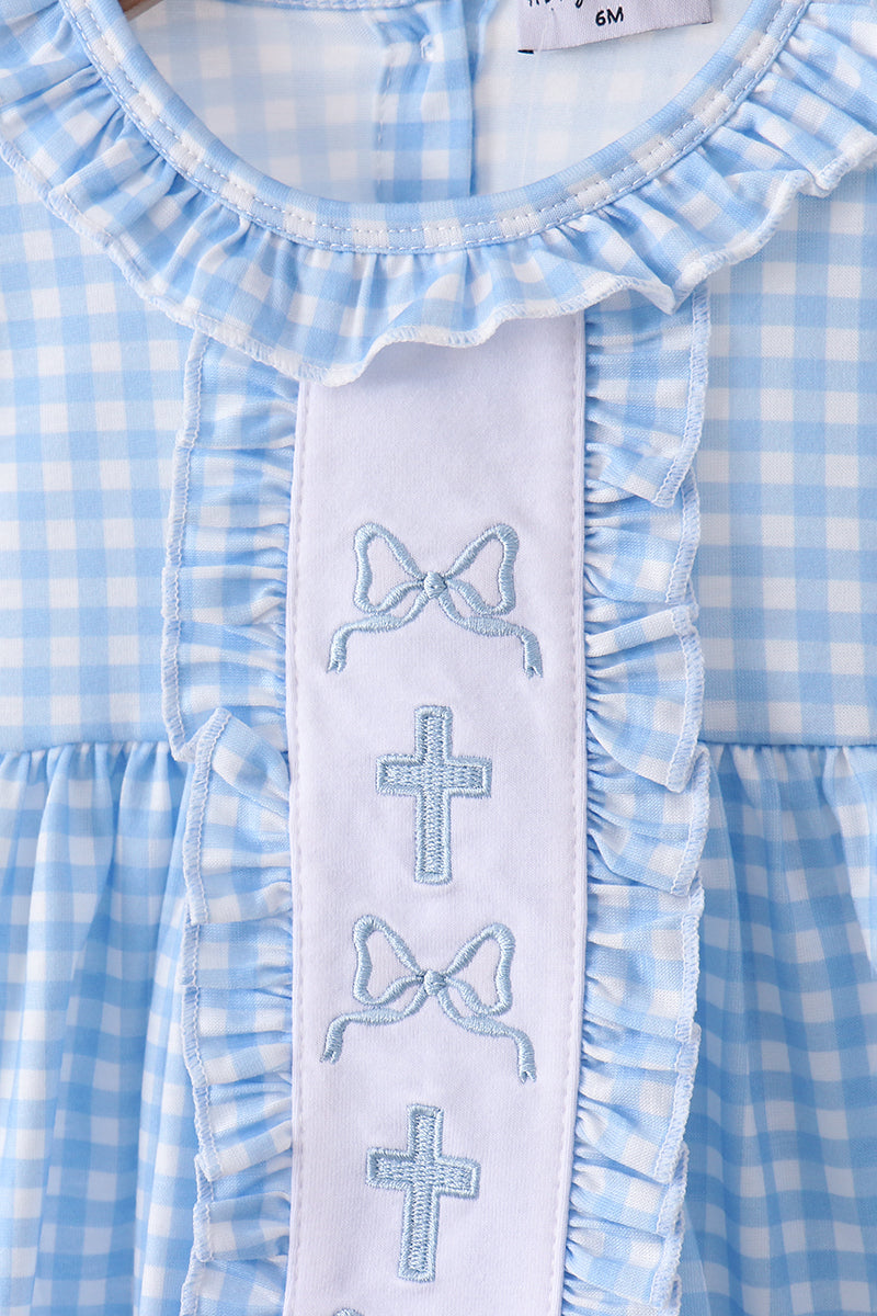 Blue cross bow embroidery ruffle gingham bloomer set