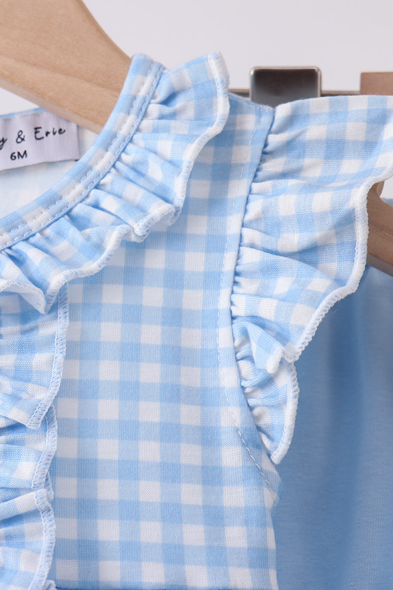 Blue cross bow embroidery ruffle gingham bloomer set