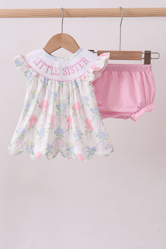 Floral print little sister smocked bloomer set