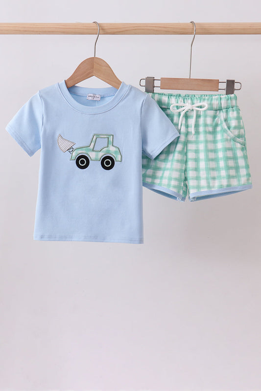 Blue engineering vehicle applique shorts set