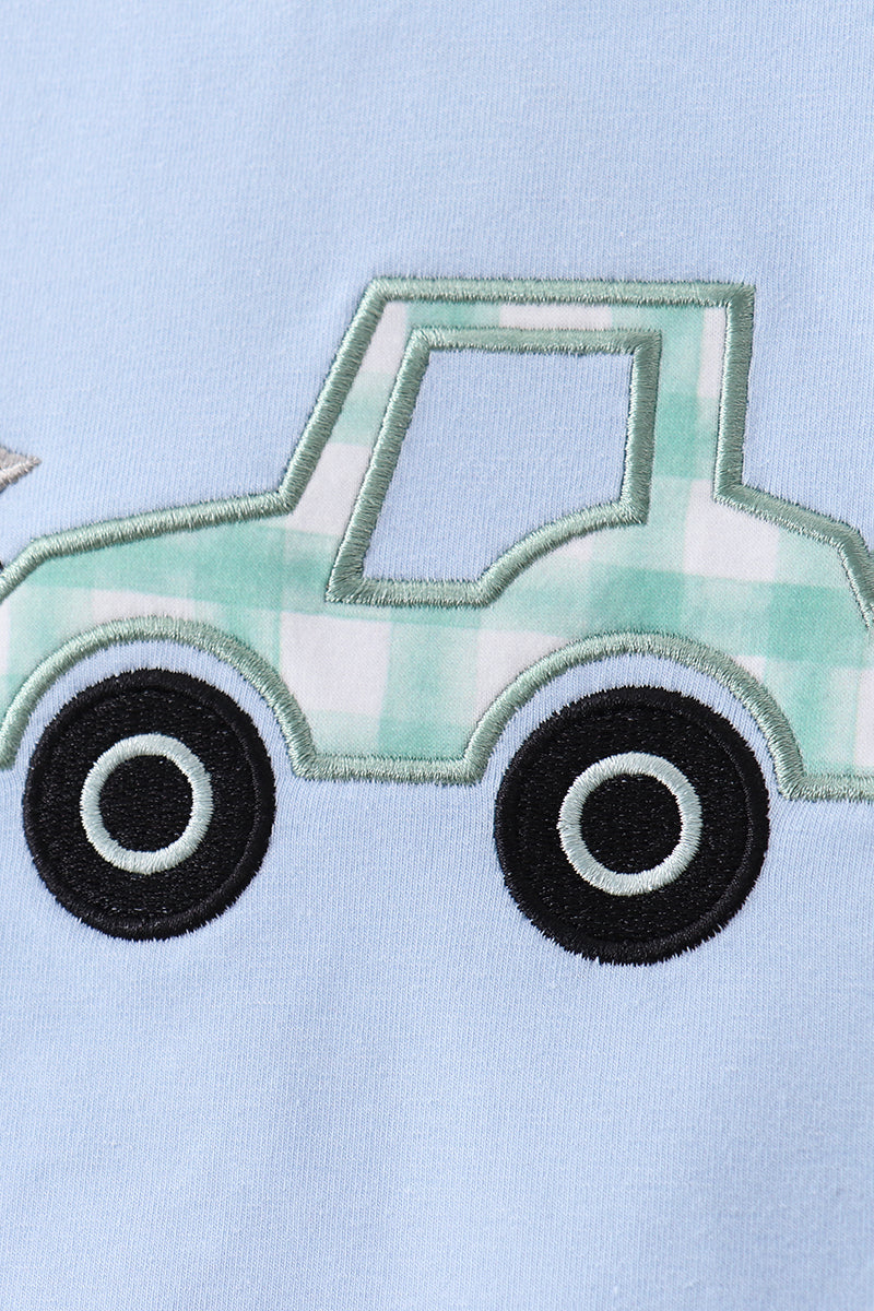Blue engineering vehicle applique shorts set