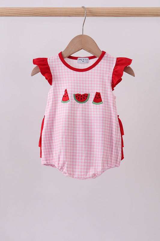 Pink watermelon embroidery ruffle bubble