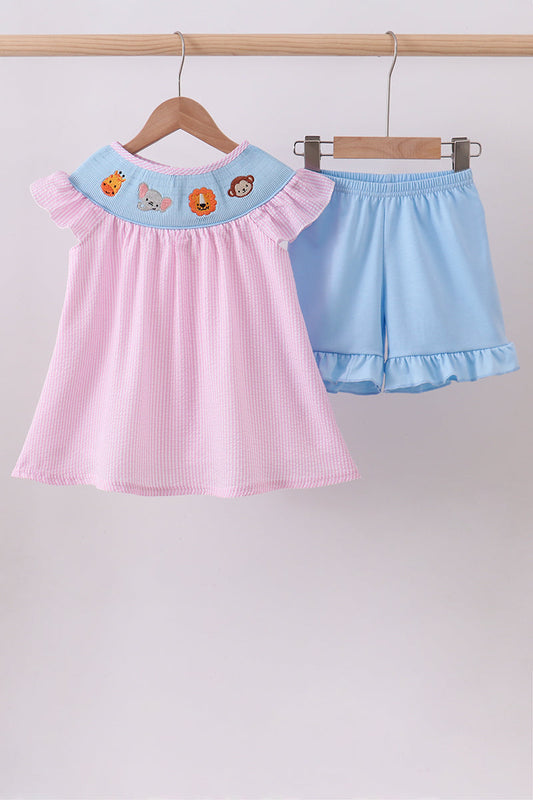 Pink seersucker animal smocked ruffle shorts set
