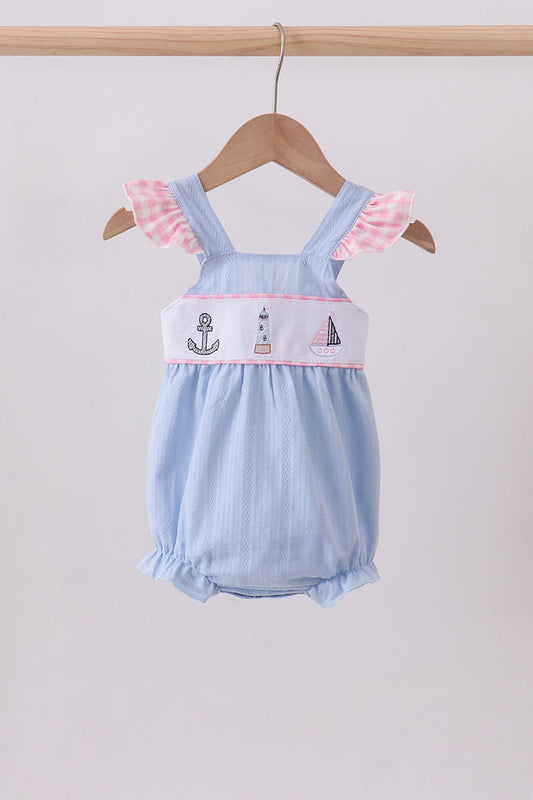 Blue sailboat embroidery jacquard ruffle bubble