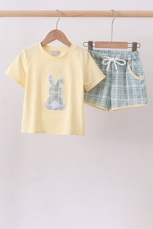 Yellow bunny applique plaid shorts set