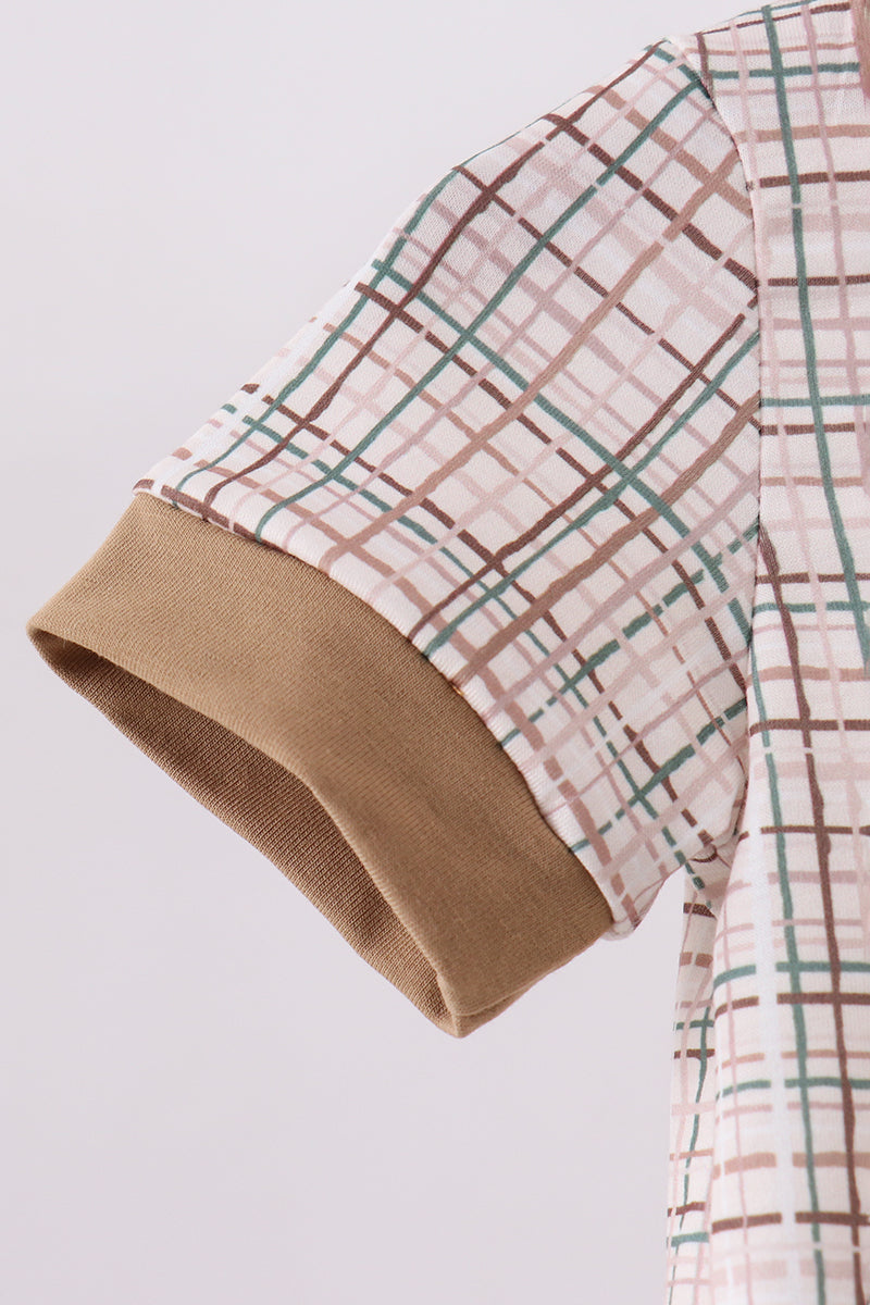 Brown bunny applique plaid romper