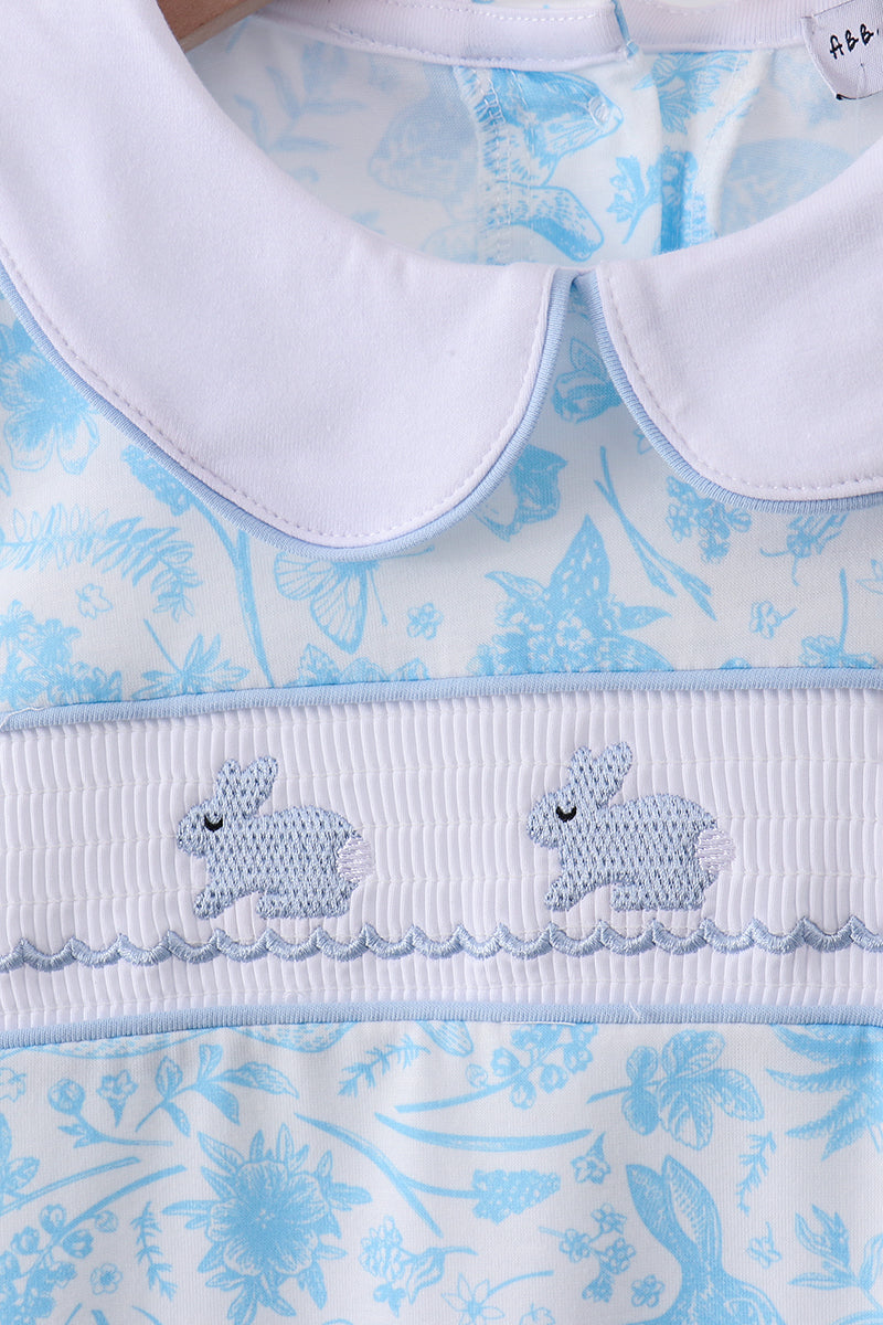 Blue bunny smocked peter pan collar shorts set