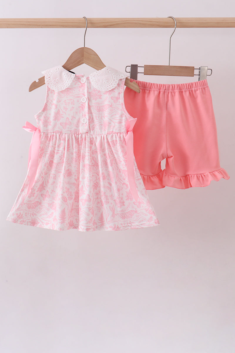 Pink bunny smocked lace collar shorts set