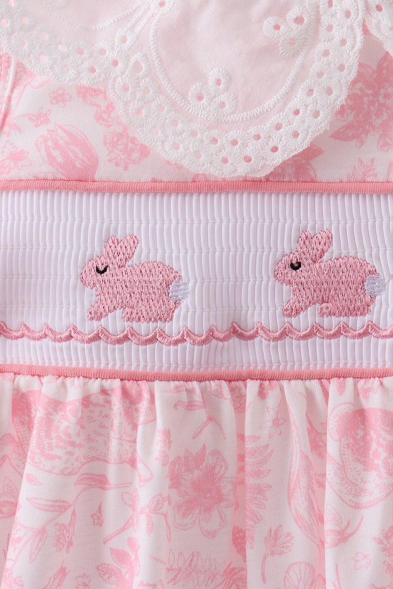 Pink bunny smocked lace collar dress