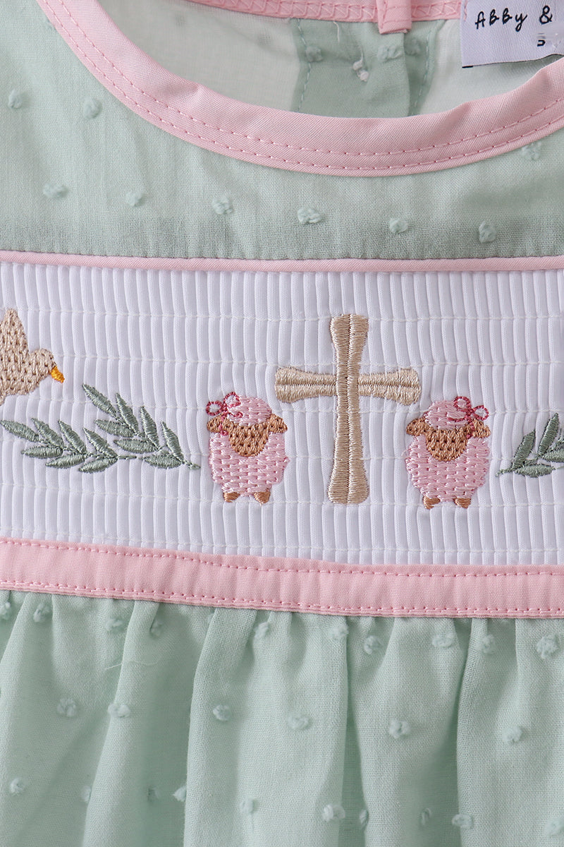 Green swiss dot cross sheep ruffle dress