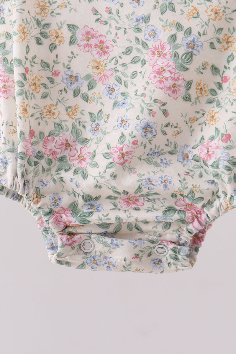 Green floral print bow ruffle bubble