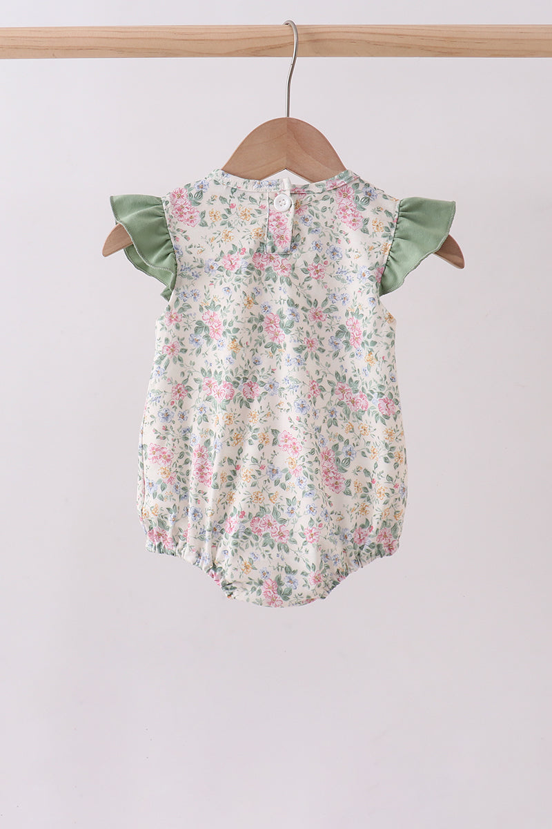Green floral print bow ruffle bubble