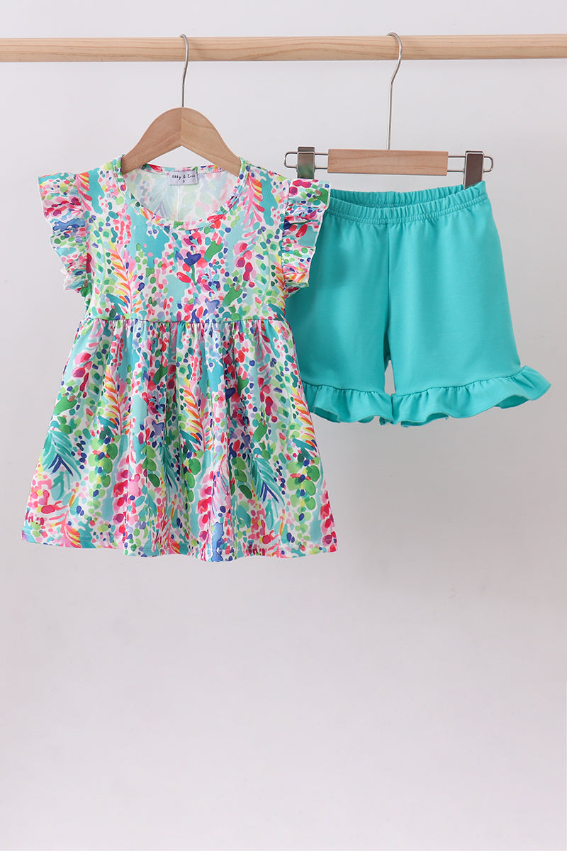Blue bright floral ruffle shorts set