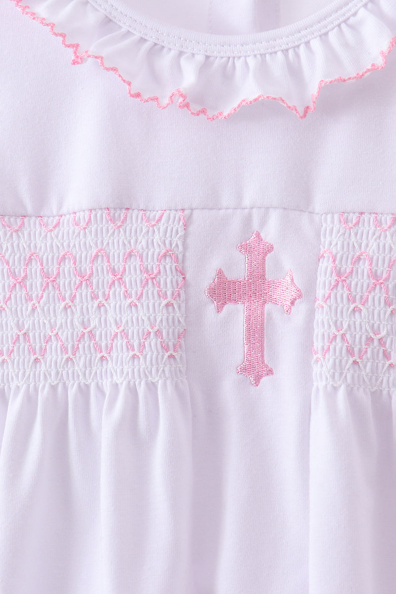 White cross smocked ruffle shorts set