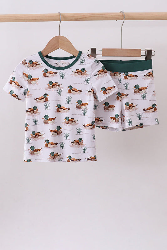 Green duck print bamboo shorts set