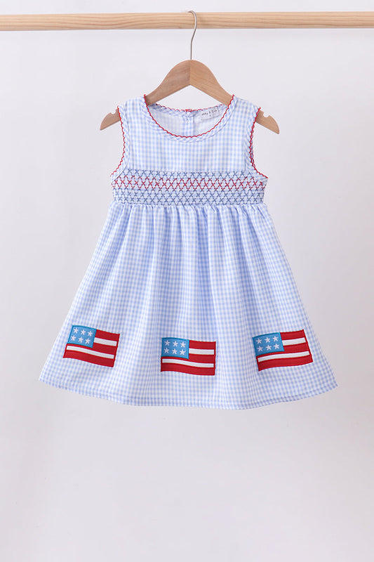Blue flag smocked woven gingham dress