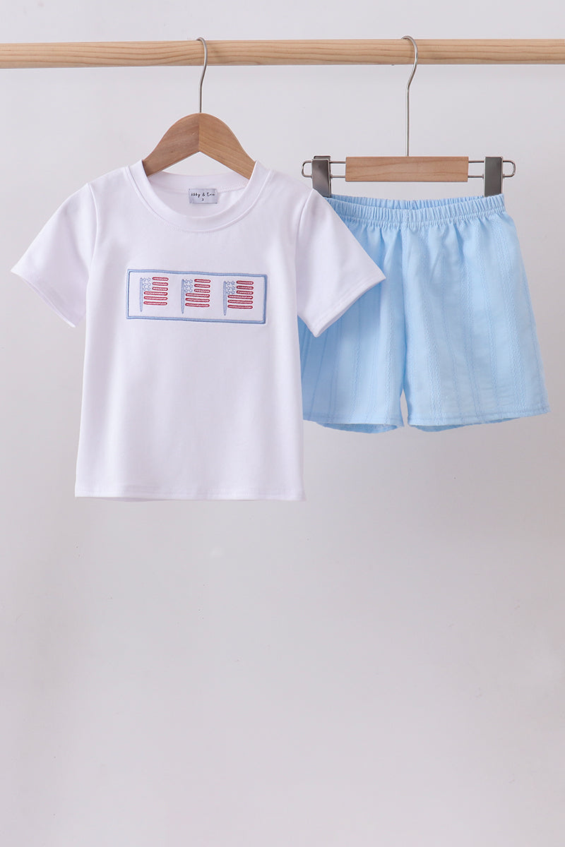 Blue flag smocked jacquard shorts set