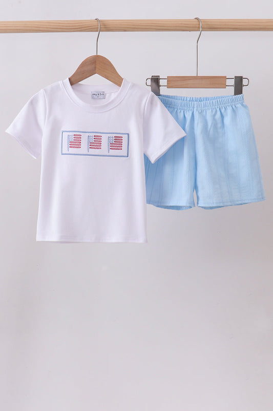 Blue flag smocked jacquard shorts set