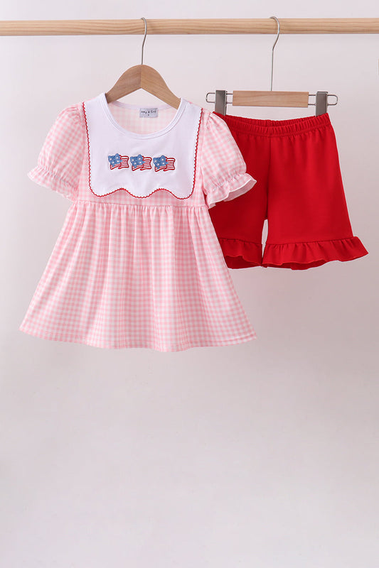 Pink flag embroidery gingham ruffle shorts set