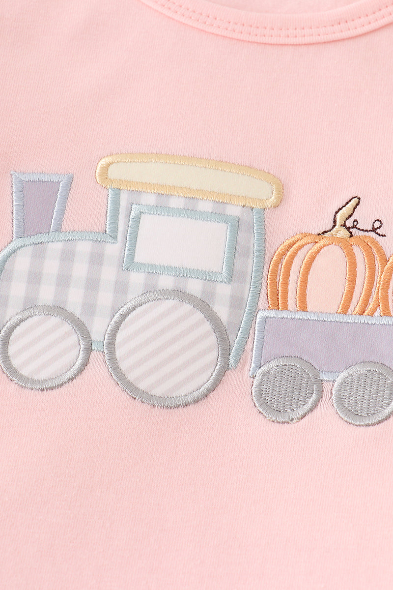 Beige train pumpkin applique girl set