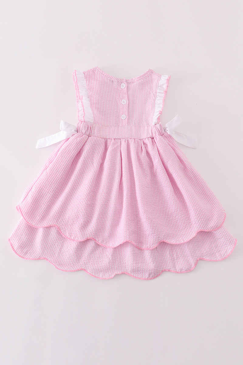 Pink pumpkin embroidery seersucker ruffle dress