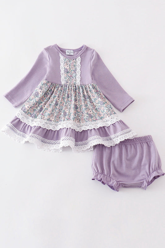 Purple floral print baby set