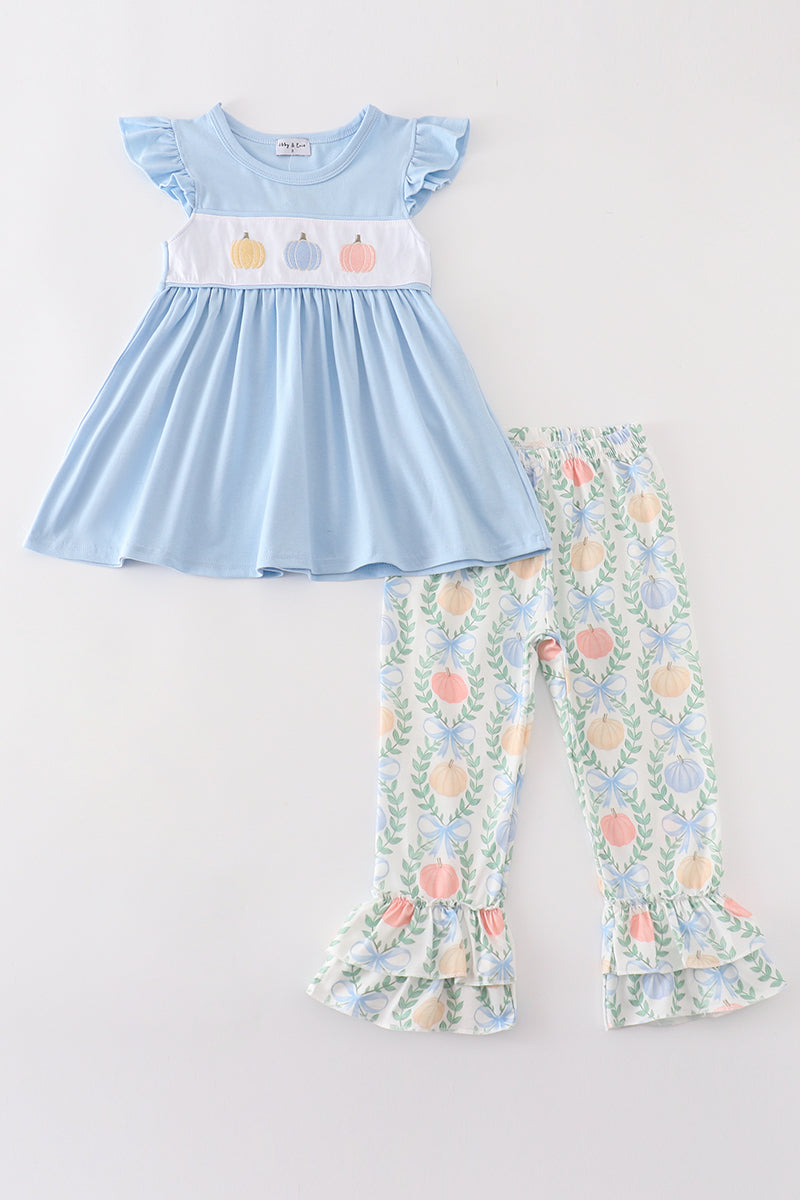 Blue pumpkin embroidery girl ruffle pants set