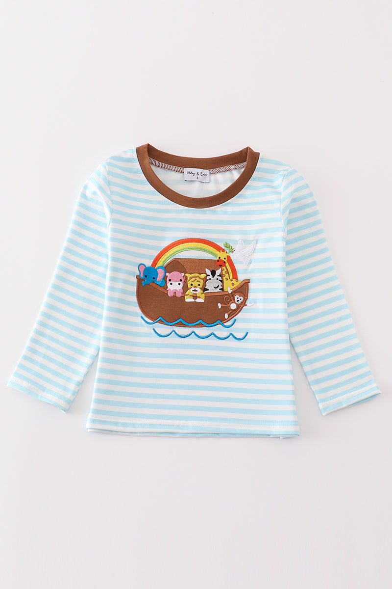 Blue stripe noah's ark animal applique boy top