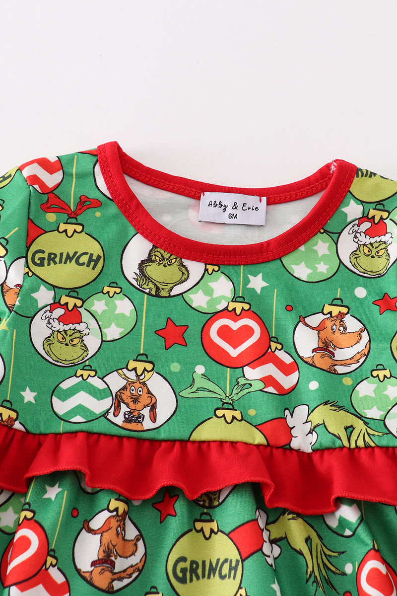 Green grinch print girl ruffle bubble