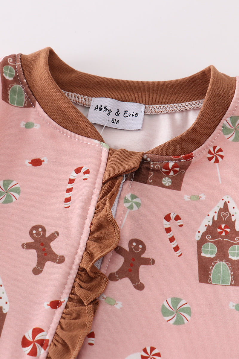 Pink christmas gingerbread girl ruffle zip romper