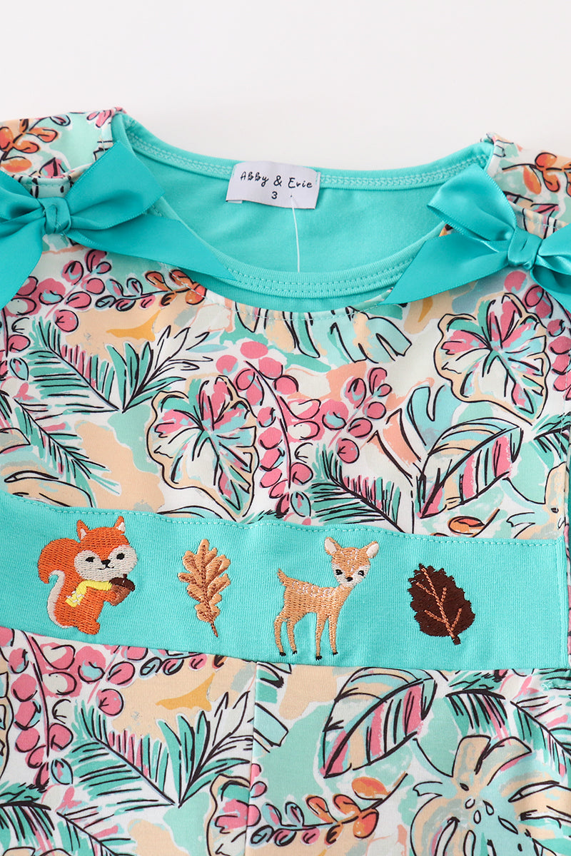 Teal floral print forest animal embroidery 2pc girl jumpsuit set