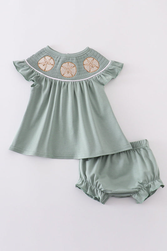 Sage sand dollar embroidery smocked girl bloomer set