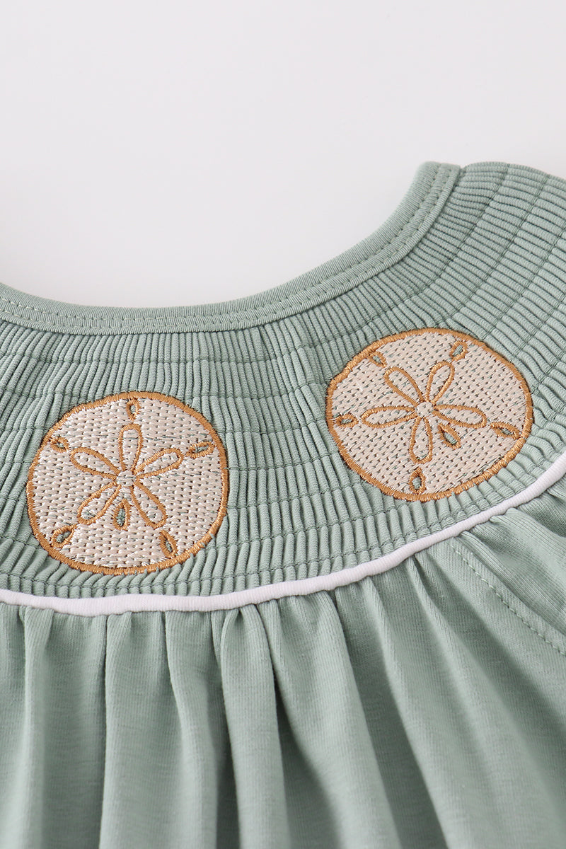 Sage sand dollar embroidery smocked girl bloomer set