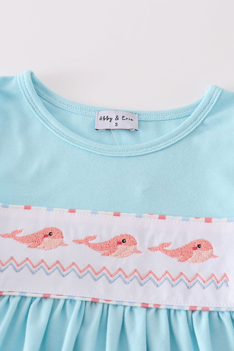 Blue whale embroidery girl set