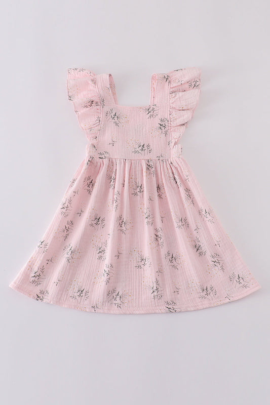 Pink floral print muslin girl ruffle dress