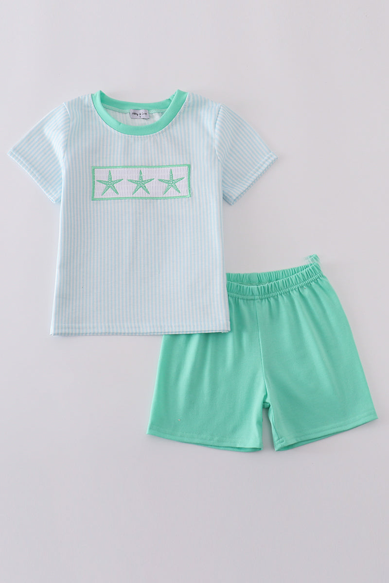 Blue stripe starfish embroidery smocked boy set