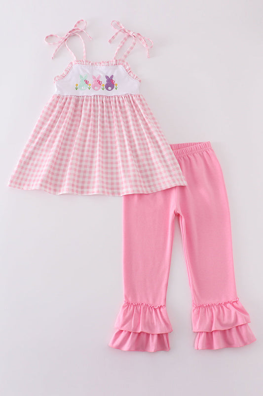 Pink bunny embroidery gingham set