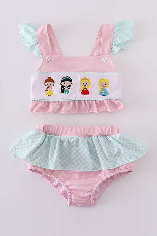 Pink princess embroidery girl 2pc swimsuit