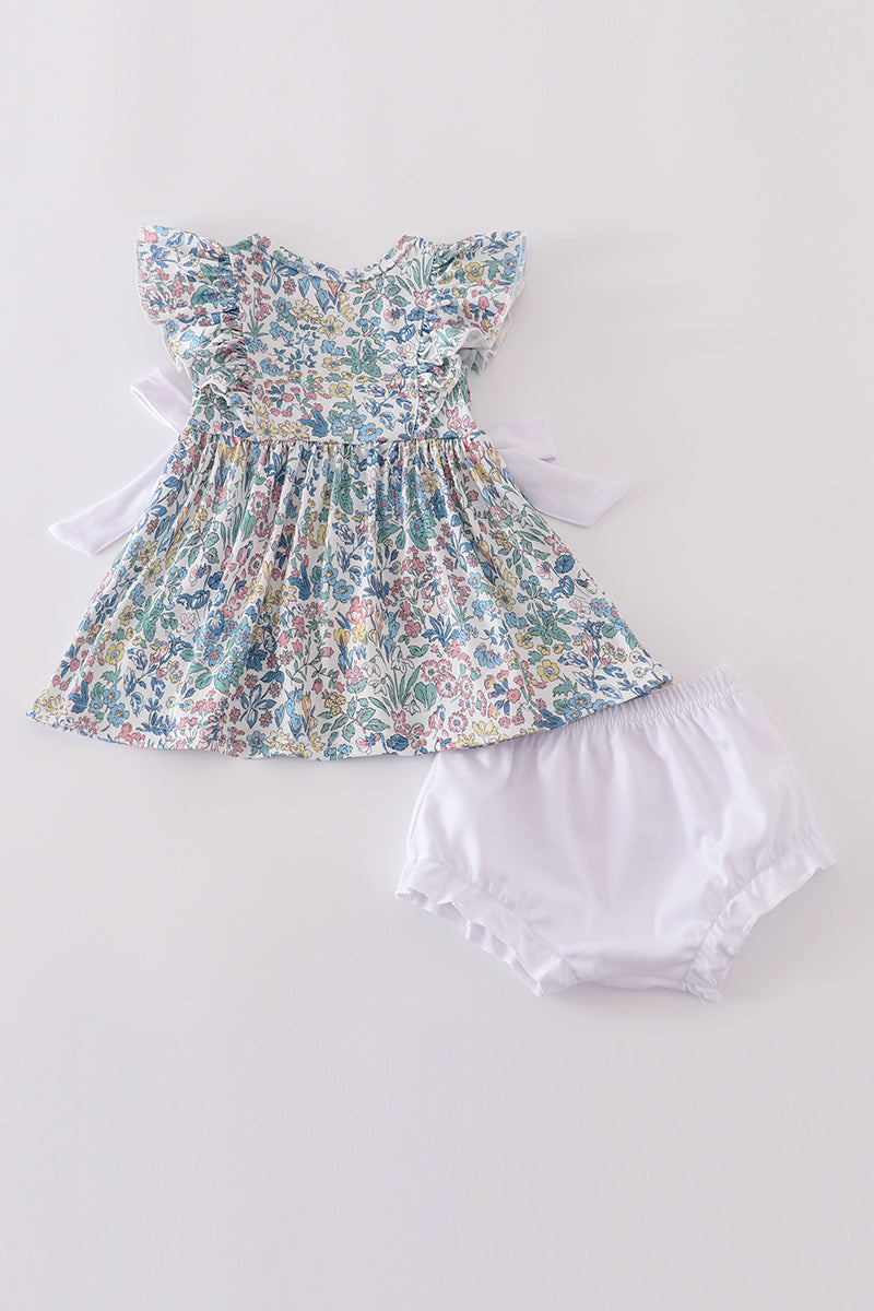 Vintage meadow print bow bloomer set